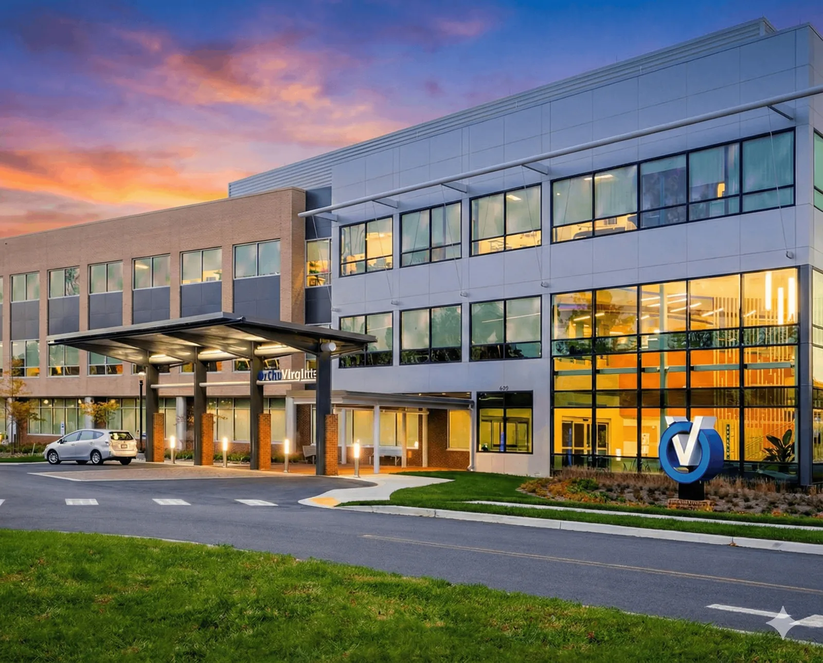 Modern medical office building exterior, featuring the Bon Secours facility with a prominent blue V logo